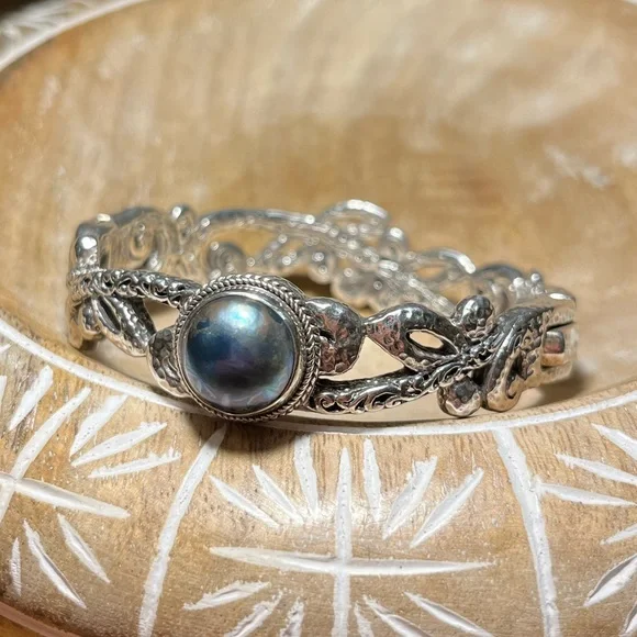 Sarda Blue Cultured Mabe Pearl Silver Tree Of Life Bangle Bracelet - Picture 4 of 16